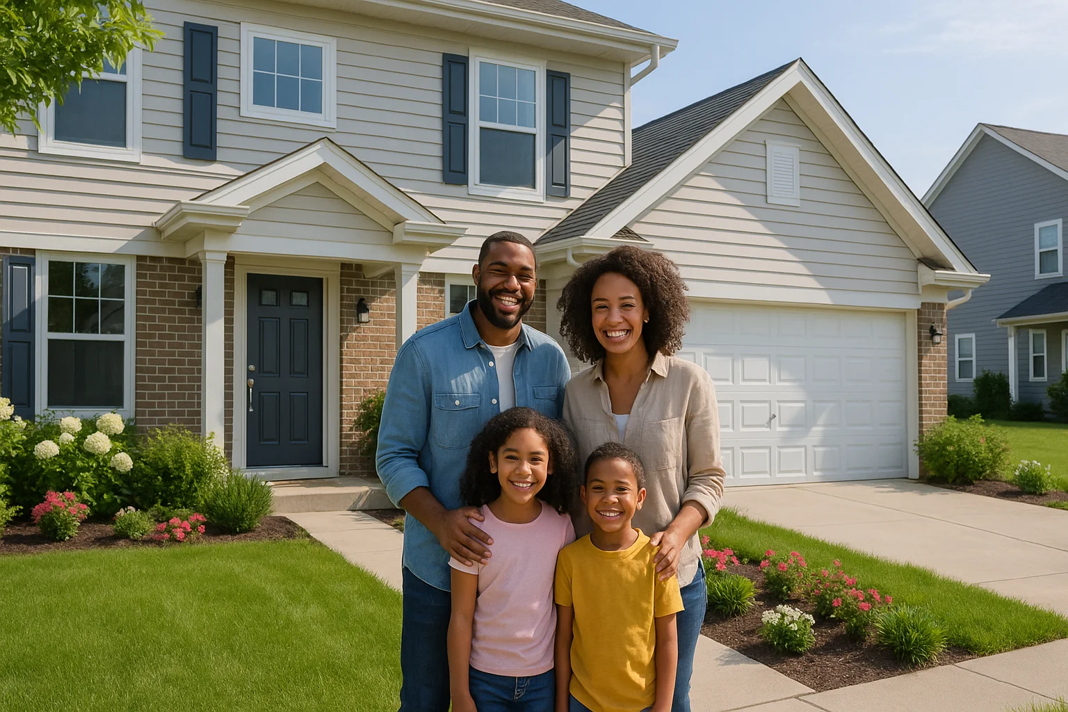 A happy family at the entrance of their new home in Illinois, celebrating their first house.