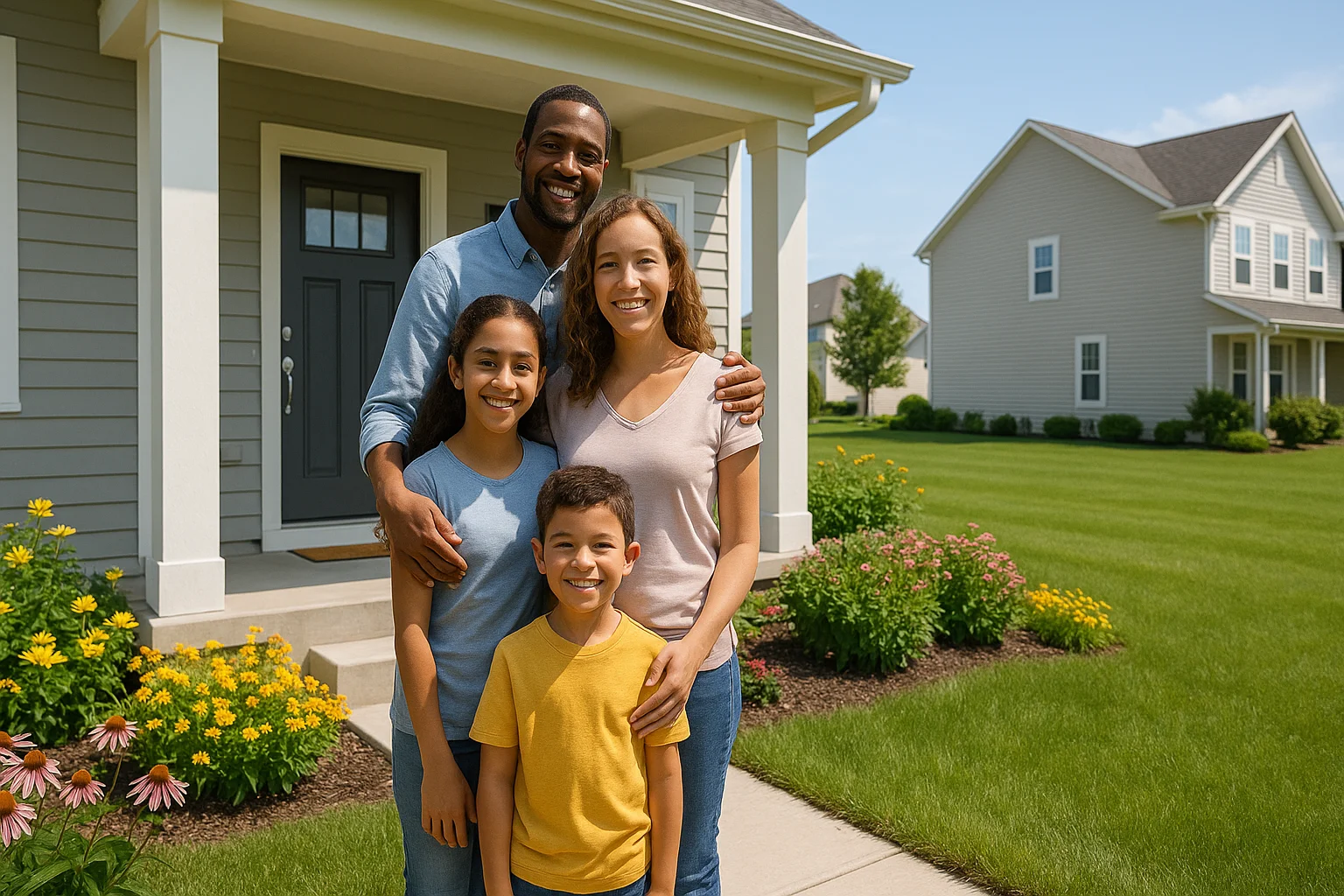 A happy family celebrating homeownership on their porch in Rockford, Illinois.