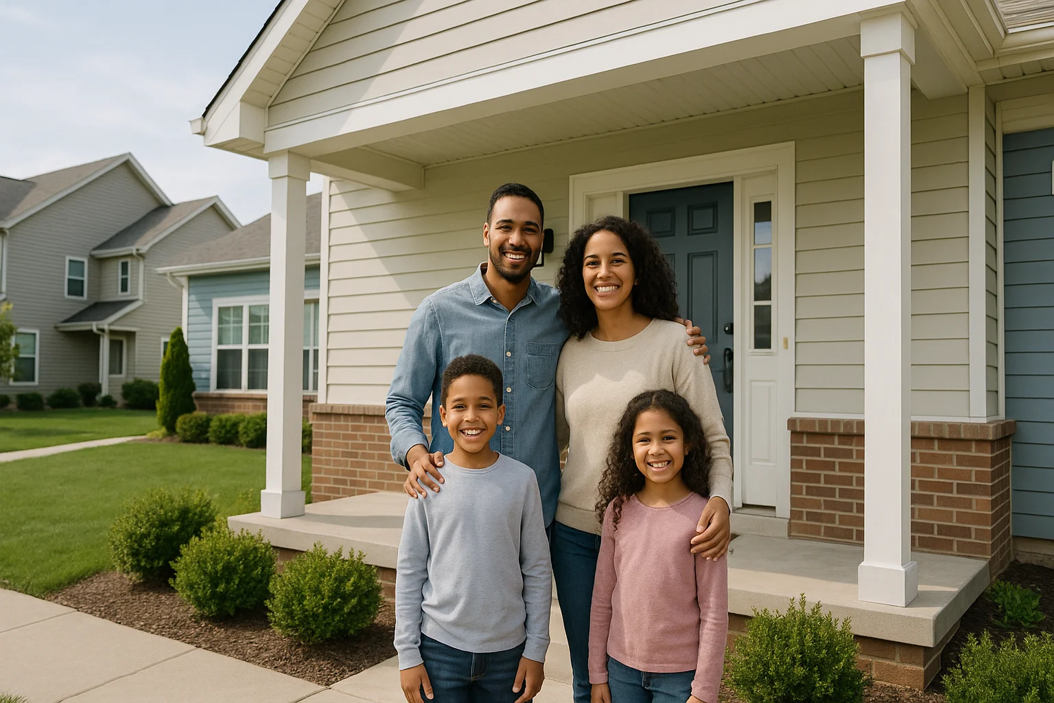 A happy family celebrating their new home on the porch in Illinois.