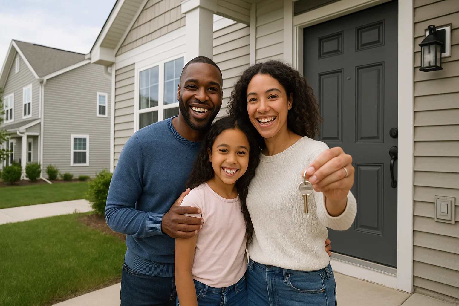 A happy family celebrating their new home in a suburban Illinois neighborhood.