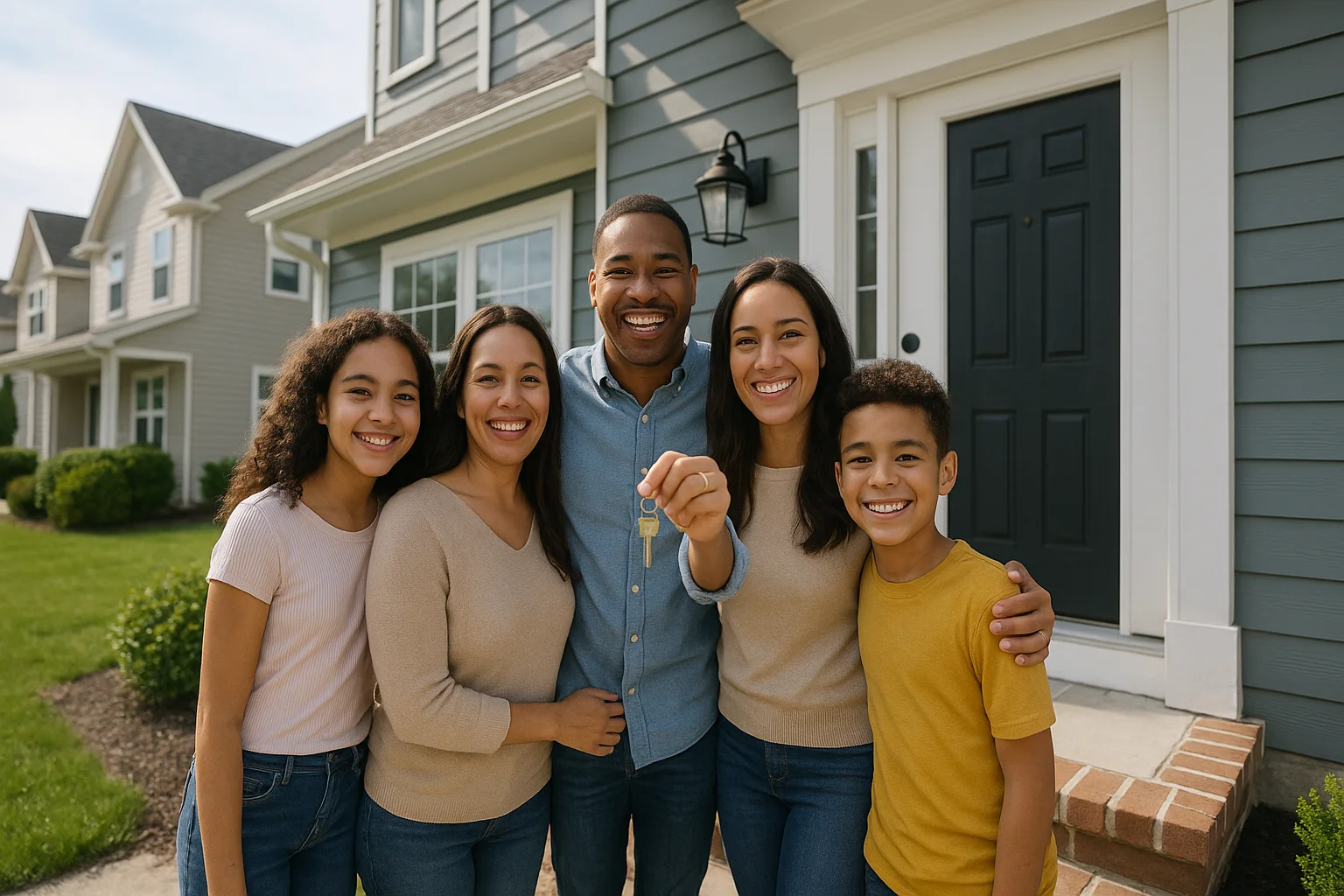 A happy family celebrates at their new home entrance in Illinois, ready for new beginnings.