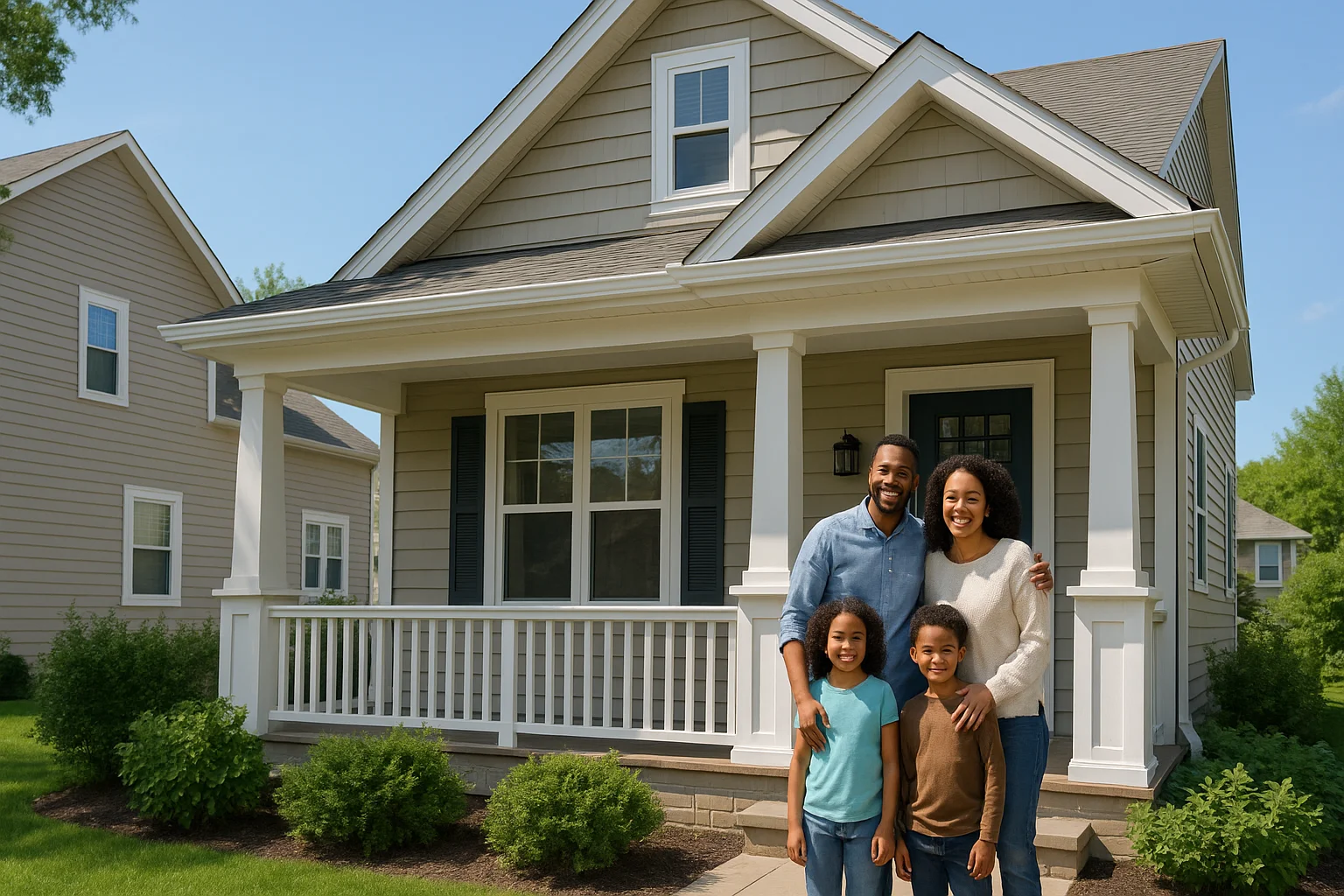 A diverse family celebrates on the porch of their new home in DuPage County, Illinois.