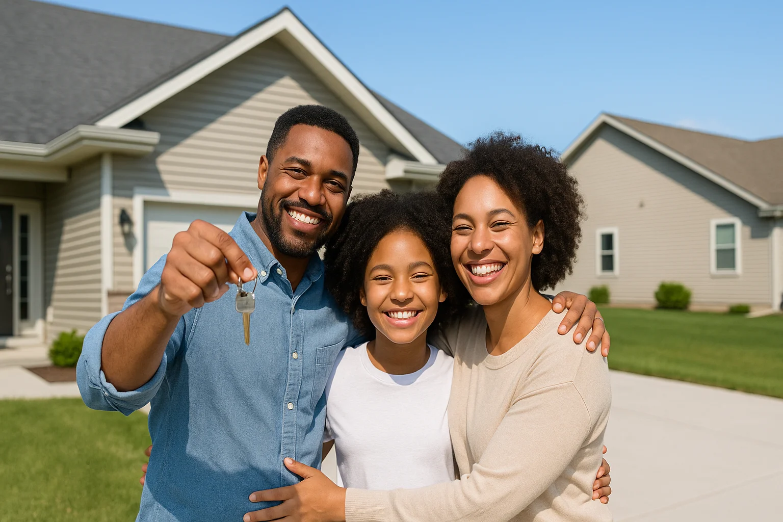 A family celebrates outside their new home in Peoria, IL, showcasing the excitement of first-time homeownership.