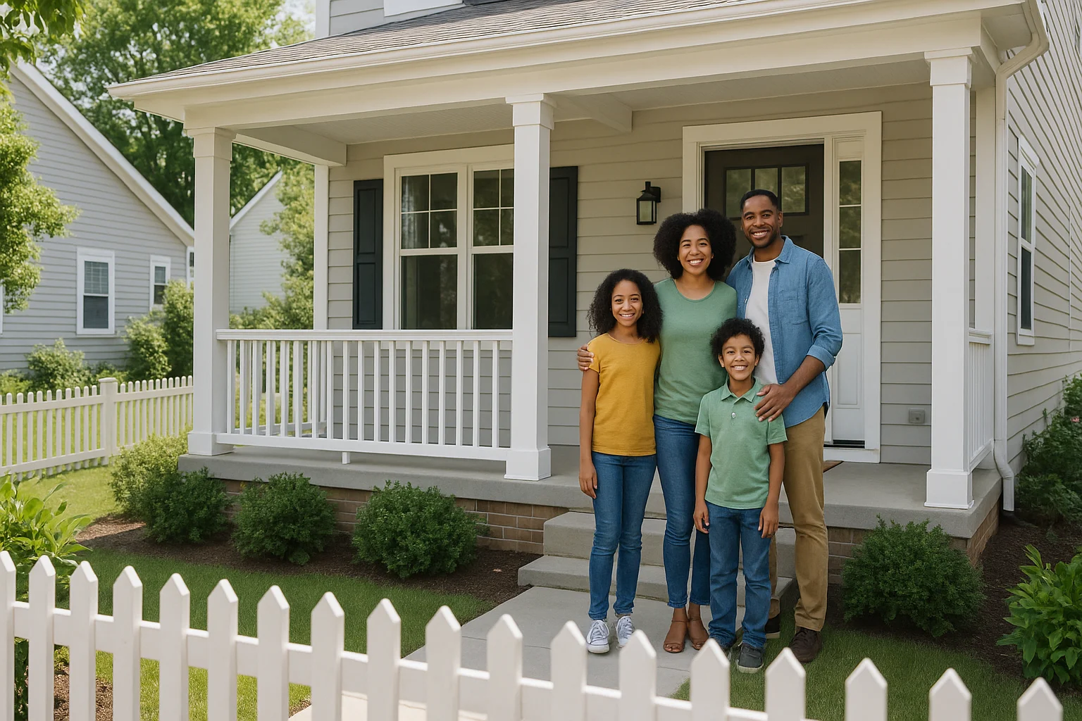A diverse family celebrates at their new home in an Illinois neighborhood, smiling on the porch.