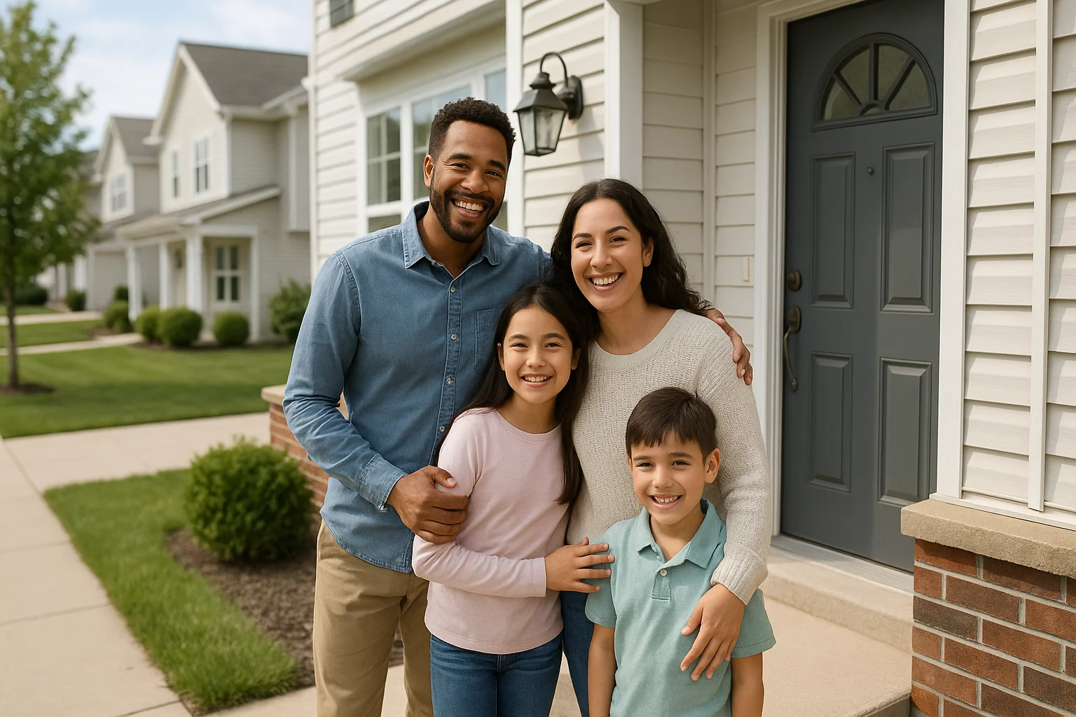 A diverse family celebrates outside their new home in Cook County, Illinois.
