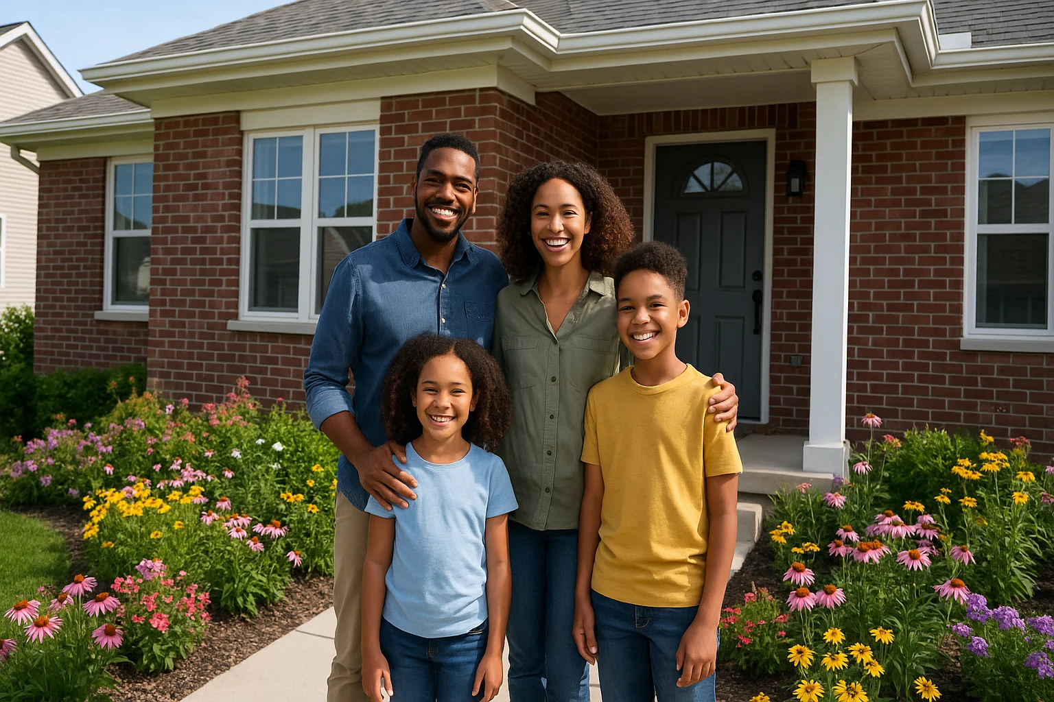 A diverse family celebrates on the porch of their new Illinois home with vibrant flowers around.