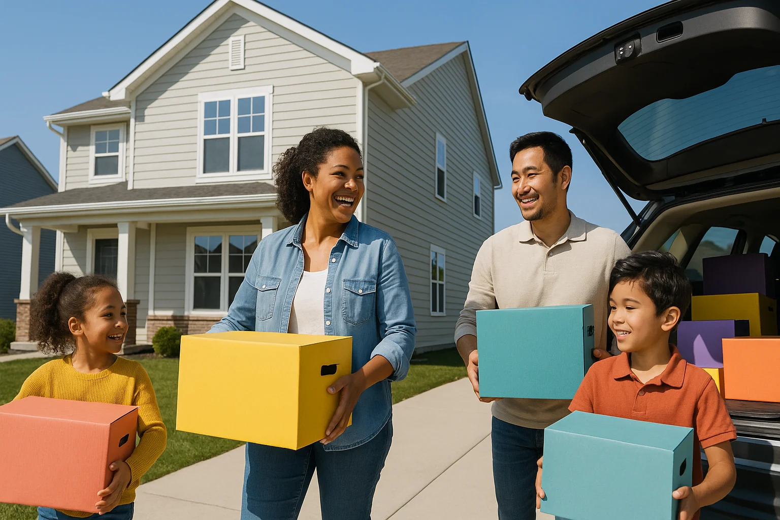 A diverse family moves into their new Illinois home, surrounded by green grass and a bright sunny day.
