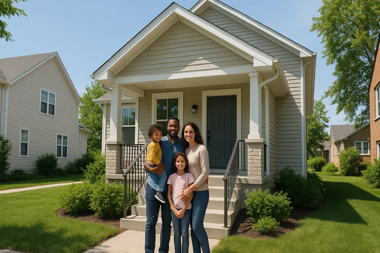 A happy family outside their new home in Illinois, celebrating their homeownership journey.